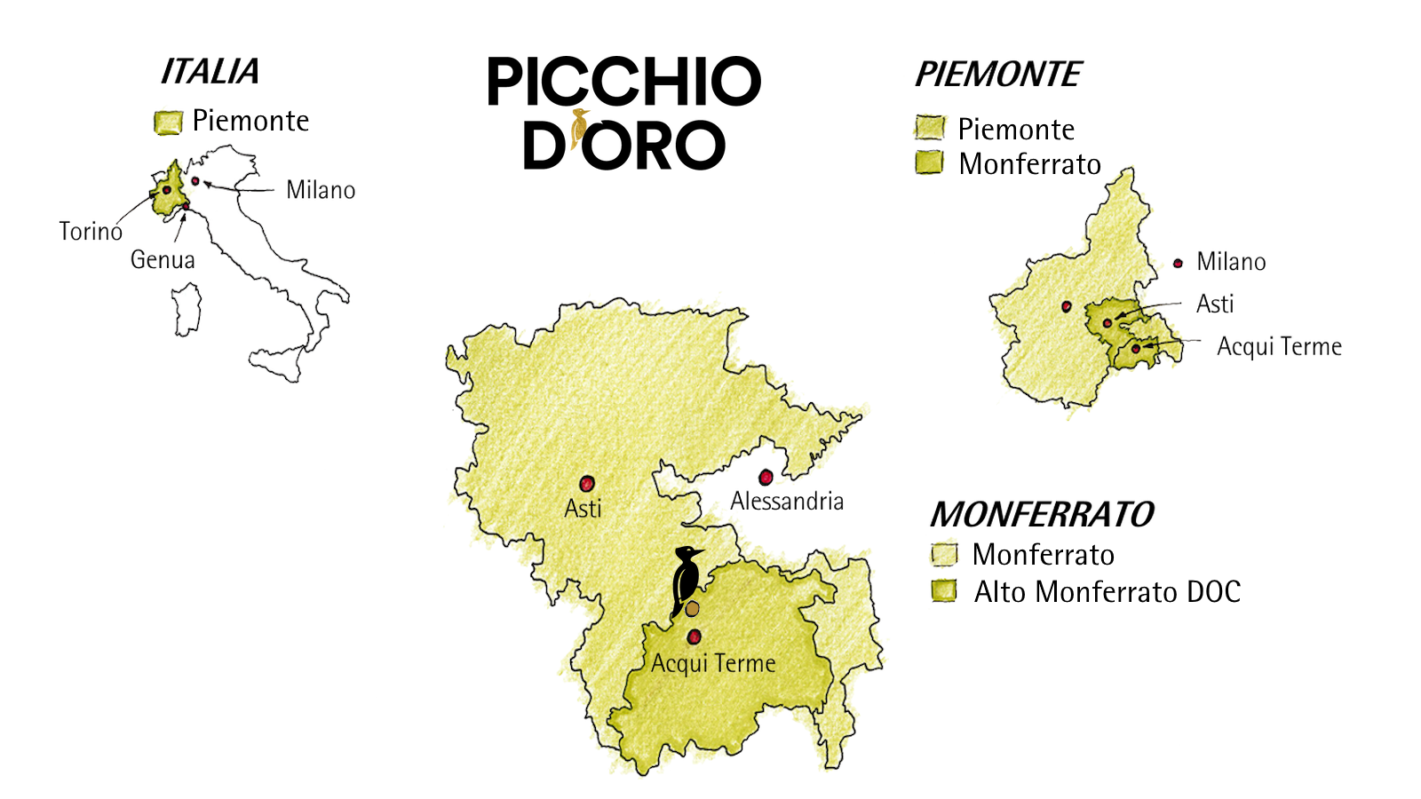 16_9-Landkarte neu mit schwarzem Specht neu Wo liegt das Weingut von Picchio d'Oro im Piemont? Zeichnung mit Lagebeschrieb im Dreieck von Asti, Alessandria und Acqui Terme